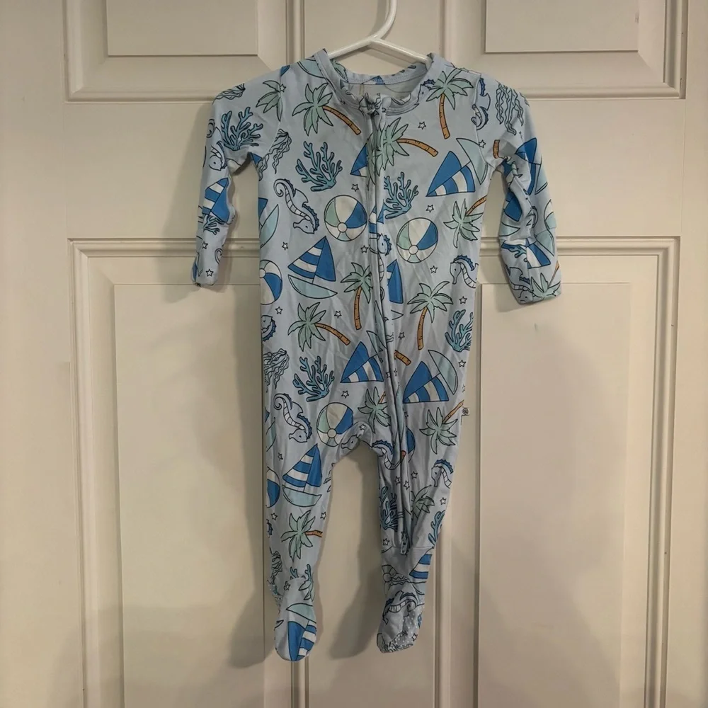 Caden Lane Tiny Tides Bamboo Blue Nautical Zip Footie Pajamas 0-3 Months